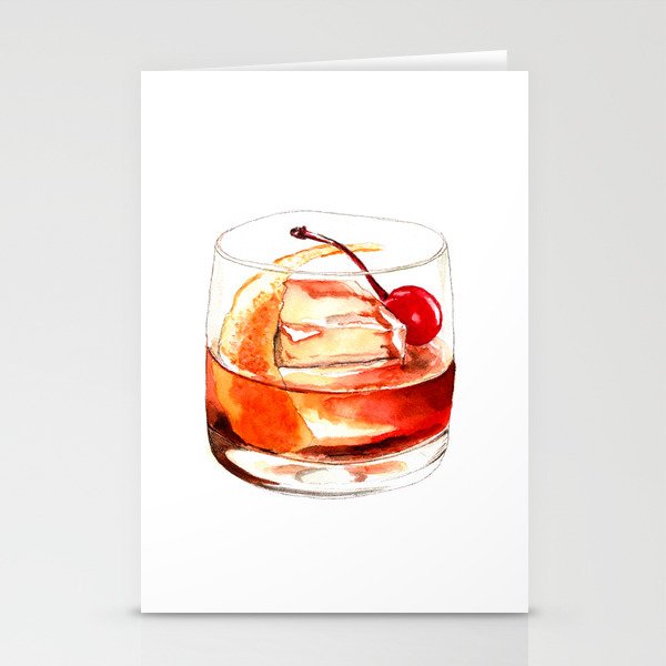 Cocktails. Old Fashioned. Watercolor Painting. Stationery Cards