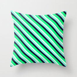 [ Thumbnail: Eyecatching Green, White, Aquamarine, Midnight Blue & Black Colored Stripes Pattern Throw Pillow ]