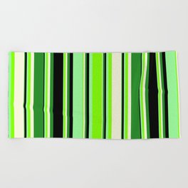 [ Thumbnail: Eyecatching Green, Chartreuse, Beige, Forest Green & Black Colored Stripes/Lines Pattern Beach Towel ]