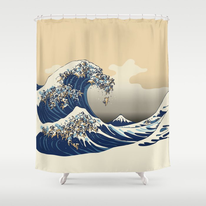 The Great Wave of Pugs Vanilla Sky Shower Curtain