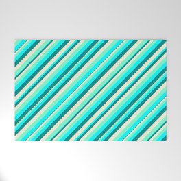 [ Thumbnail: Aquamarine, Cyan, Dark Cyan, and Beige Colored Lined/Striped Pattern Welcome Mat ]