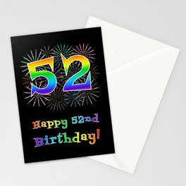 [ Thumbnail: 52nd Birthday - Fun Rainbow Spectrum Gradient Pattern Text, Bursting Fireworks Inspired Background Stationery Cards ]