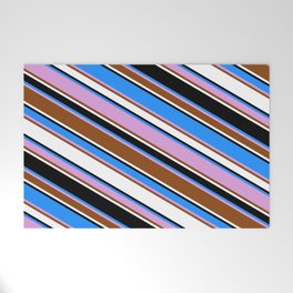 [ Thumbnail: Blue, Plum, Brown, White & Black Colored Lined/Striped Pattern Welcome Mat ]