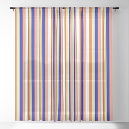 [ Thumbnail: Dark Salmon, White, Chocolate, Pale Goldenrod, and Dark Blue Colored Lines/Stripes Pattern Sheer Curtain ]