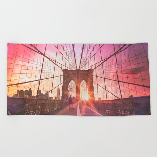 New York City Brooklyn Bridge Sunset Beach Towel