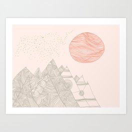 Mountains, Stars and Super Moon - Blush Art Print