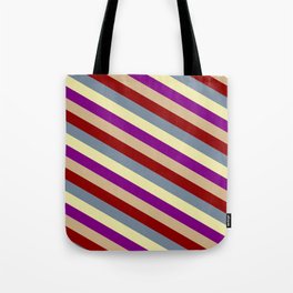 [ Thumbnail: Vibrant Pale Goldenrod, Purple, Tan, Dark Red & Light Slate Gray Colored Striped Pattern Tote Bag ]