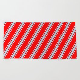 [ Thumbnail: Red and Light Blue Colored Lined Pattern Beach Towel ]