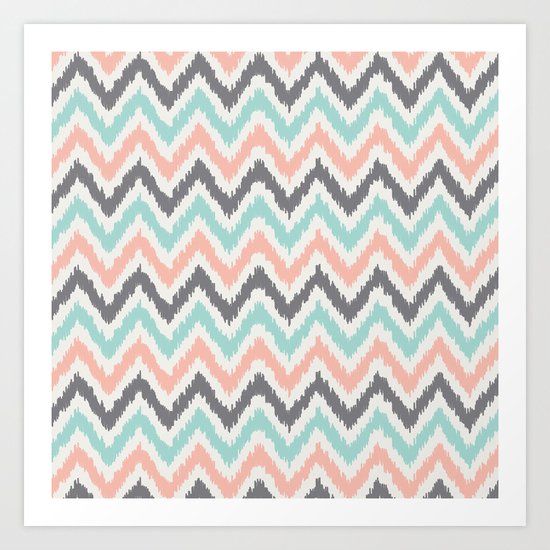 Mint Gray Coral Zigzag Pattern Art Print