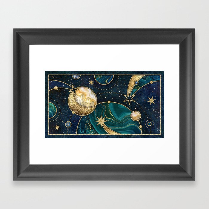 Celestial Starry Emerald Gold Cosmos Framed Art Print
