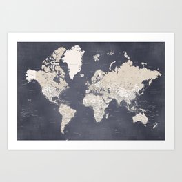 Glyn world map distressed and detailed Art Print