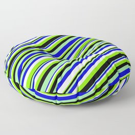[ Thumbnail: Eyecatching Green, Blue, Mint Cream, Chartreuse, and Black Colored Lined/Striped Pattern Floor Pillow ]