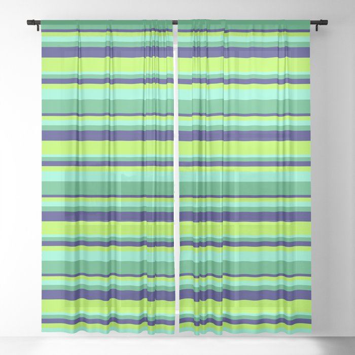 Aquamarine, Sea Green, Midnight Blue & Light Green Colored Stripes Pattern Sheer Curtain