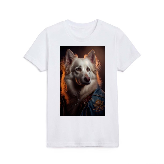 American Eskimo wearing leather jacket - Dog Breed Portrait Kids T Shirt