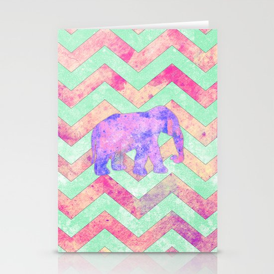 Whimsical Purple Elephant Mint Green Pink Chevron Stationery Cards
