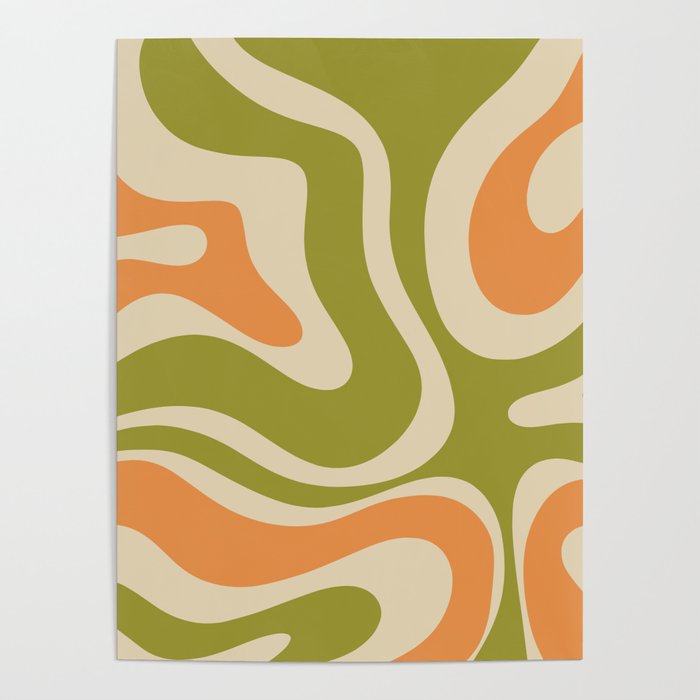 Retro Modern Liquid Swirl Abstract Pattern in Avocado Green, Orange, and Beige Poster