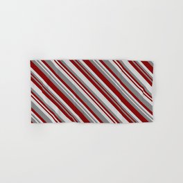 [ Thumbnail: Grey, Maroon, and Light Gray Colored Stripes Pattern Hand & Bath Towel ]