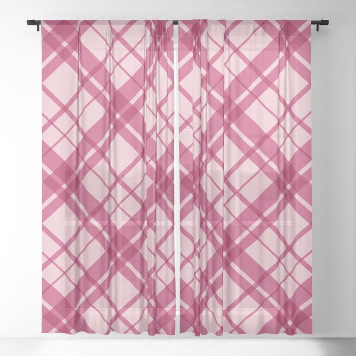 Deep pink diagonal gingham checked Sheer Curtain