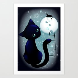 Blue Kitty Dream on the Moon Art Print
