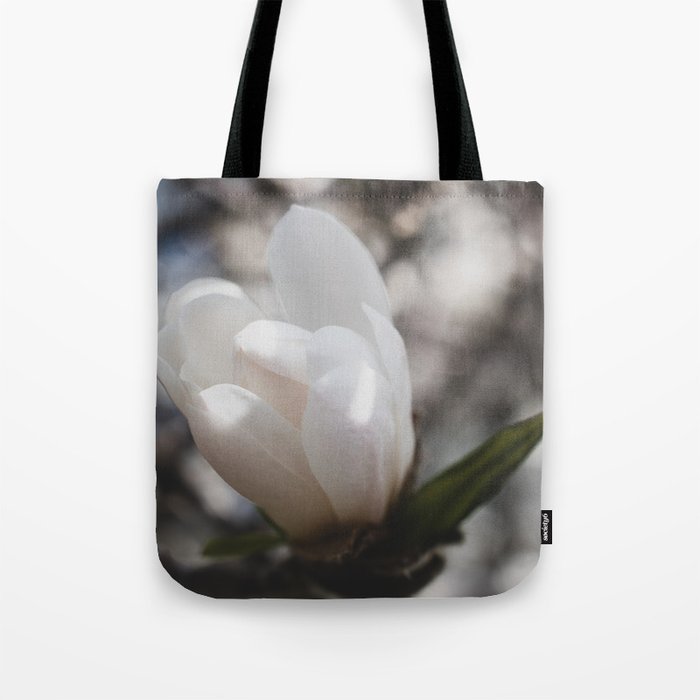 "Benevolence," Muted Macro Magnolia Bud with Background Bokeh Tote Bag