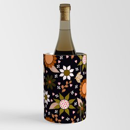Retro Flowers and Leaves Black and Orange Wine Chiller