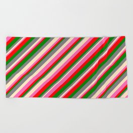 [ Thumbnail: Eye-catching Gray, Bisque, Hot Pink, Red & Green Colored Lines/Stripes Pattern Beach Towel ]