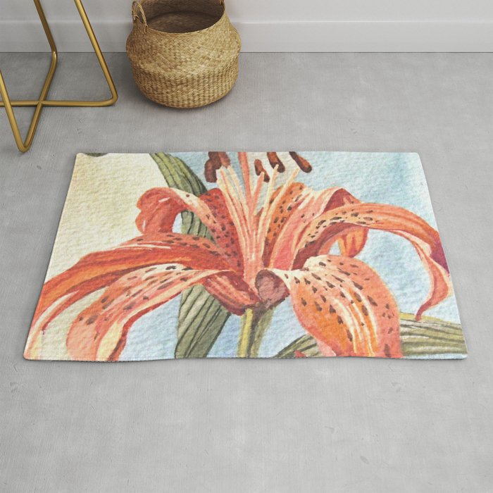 Orange Tiger Lily Watercolor Painting Rug By Betweentheweeds