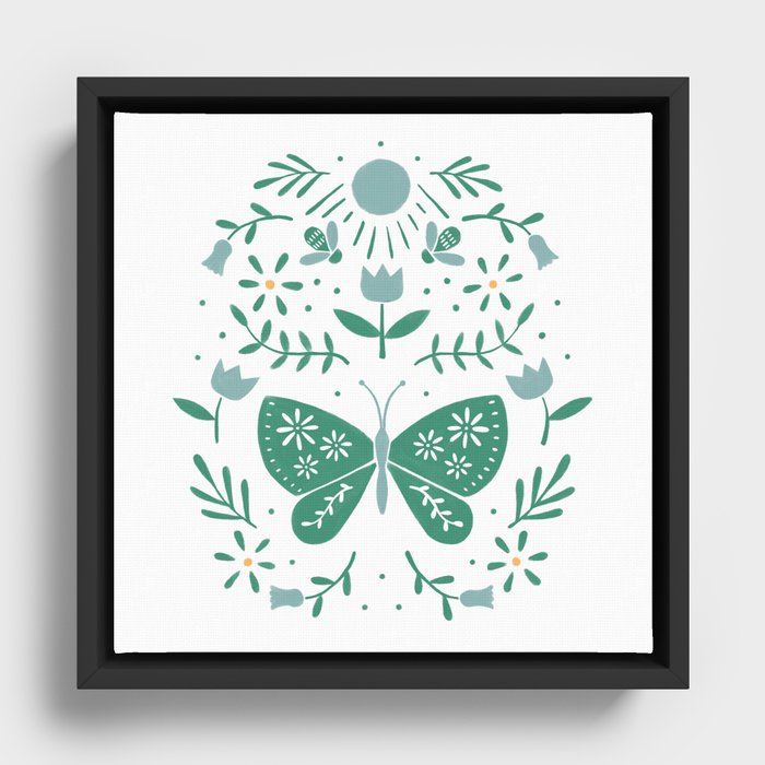 Folk Butterfly And Honey Bee | Green Framed Canvas