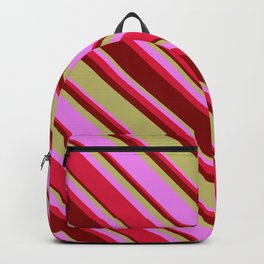 [ Thumbnail: Dark Khaki, Violet, Crimson & Maroon Colored Lines Pattern Backpack ]