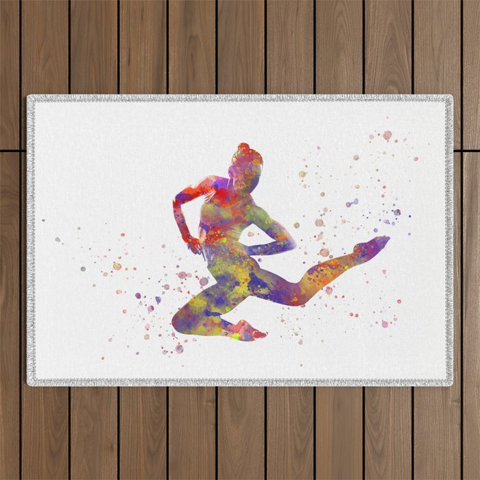 Young man practices fitness in watercolor Outdoor Rug