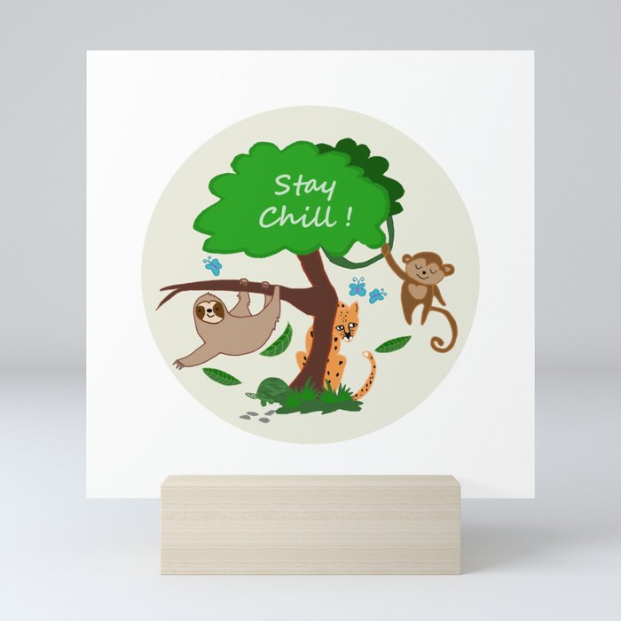 Stay Chill ! Cute Sloth & Monkey Drawings Mini Art Print