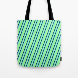 [ Thumbnail: Green, Blue & Deep Sky Blue Colored Stripes Pattern Tote Bag ]