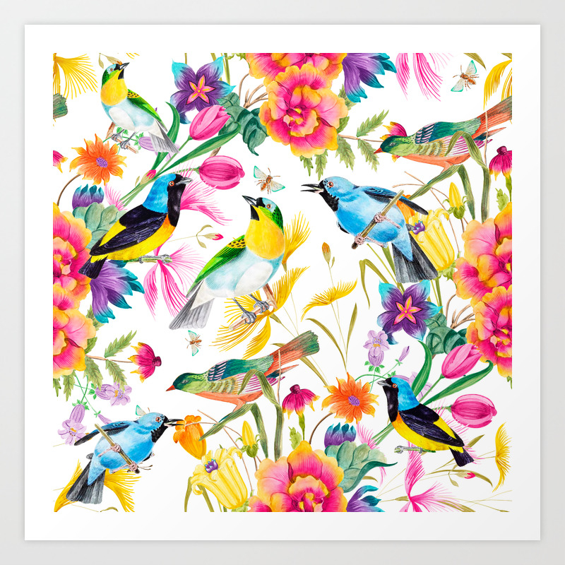 Birds Colourful Floral Motif Pattern Tropical Decor Spring Flowers Art Print By Sharonmau Society6 This is a print from my original acrylic mixed media painting new life. birds colourful floral motif pattern tropical decor spring flowers art print by sharonmau