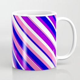 [ Thumbnail: Dark Violet, Mint Cream, Hot Pink, and Blue Colored Stripes/Lines Pattern Coffee Mug ]