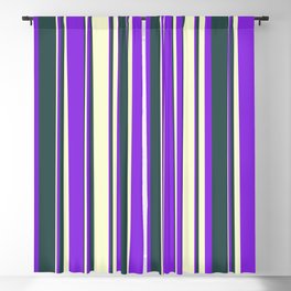 [ Thumbnail: Dark Slate Gray, Light Yellow, and Purple Colored Lines/Stripes Pattern Blackout Curtain ]