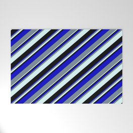 [ Thumbnail: Blue, Light Slate Gray, Light Cyan, and Black Colored Lined/Striped Pattern Welcome Mat ]