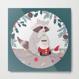 Eatin' Christmas Cookies Metal Print | Pinecones, Cute, Sweets, Cookies, Raccoon, Floral, Santa, Holiday, Green, Snow 