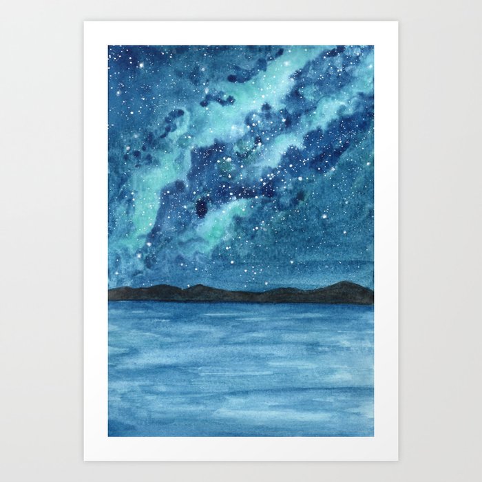 Sea Glass Galaxy Watercolor Landscape Painting Art Print By