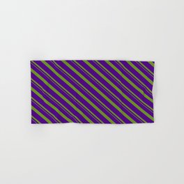 [ Thumbnail: Indigo and Green Colored Striped/Lined Pattern Hand & Bath Towel ]