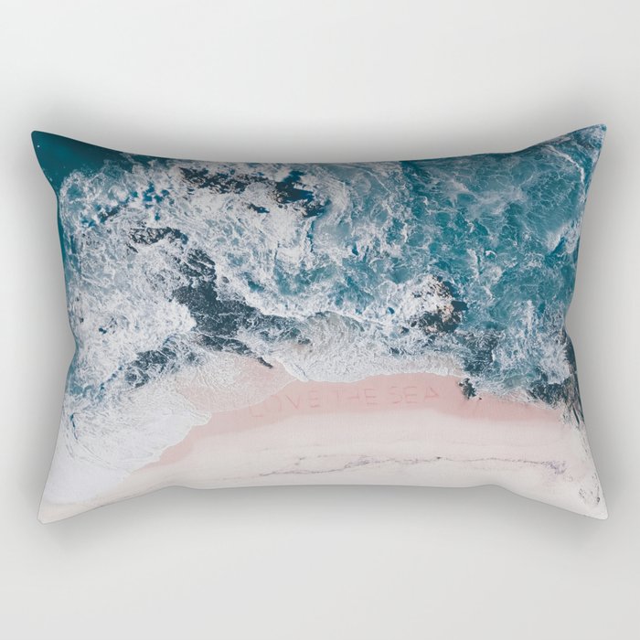 Beach Print - Aerial Ocean - Pink Sand with Words Love - Crashing Waves - Sea - Travel photography Rectangular Pillow