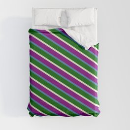 [ Thumbnail: Beige, Purple, Blue & Dark Green Colored Lines Pattern Duvet Cover ]