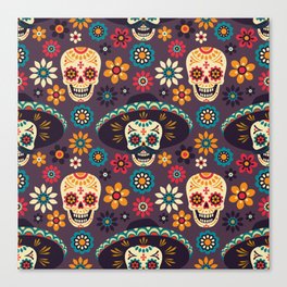 Day of the Dead. Seamless vintage pattern with sugar skulls and flowers on dark background.  Canvas Print