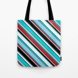 [ Thumbnail: Colorful Black, Dark Turquoise, Red, Light Cyan, and Sky Blue Colored Pattern of Stripes Tote Bag ]