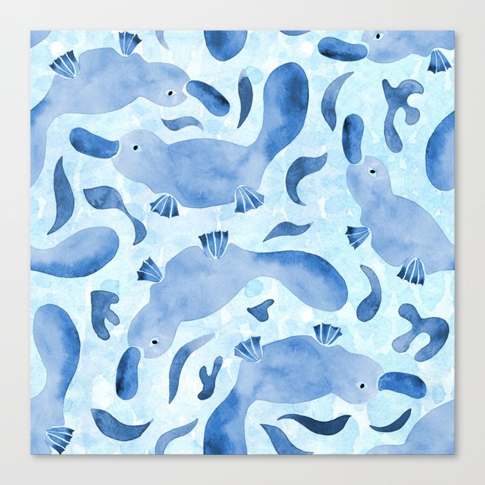 Watercolor Swimming Platypus | Blue  Canvas Print