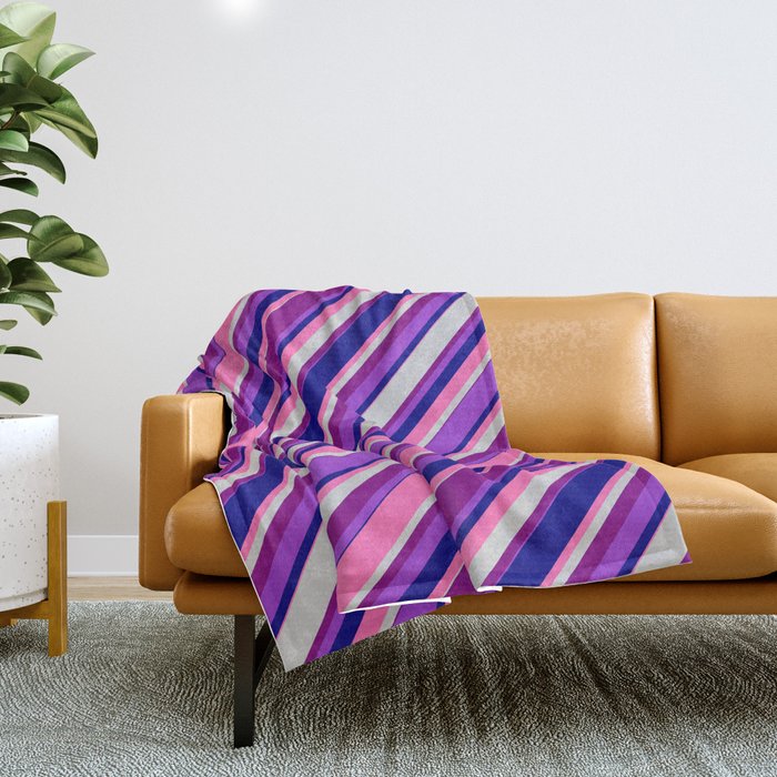 Eye-catching Purple, Dark Orchid, Blue, Hot Pink & Light Grey Colored Lined Pattern Throw Blanket