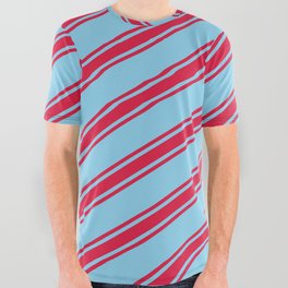 [ Thumbnail: Sky Blue & Crimson Colored Lines/Stripes Pattern All Over Graphic Tee ]