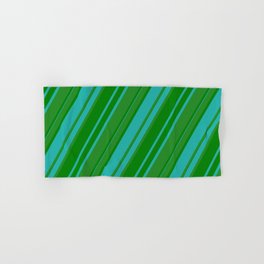 [ Thumbnail: Forest Green, Green & Light Sea Green Colored Pattern of Stripes Hand & Bath Towel ]