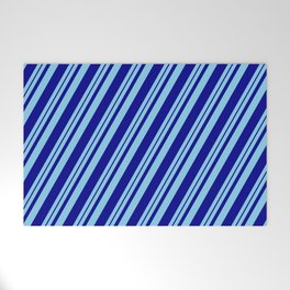 [ Thumbnail: Sky Blue and Dark Blue Colored Stripes Pattern Welcome Mat ]