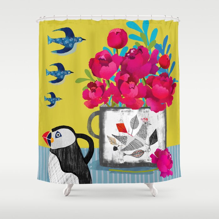 Puffin Jug and Peonies Shower Curtain