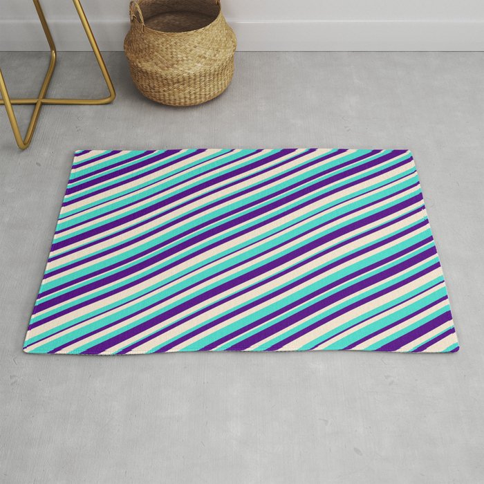 Turquoise, Indigo, and Beige Colored Lines/Stripes Pattern Rug